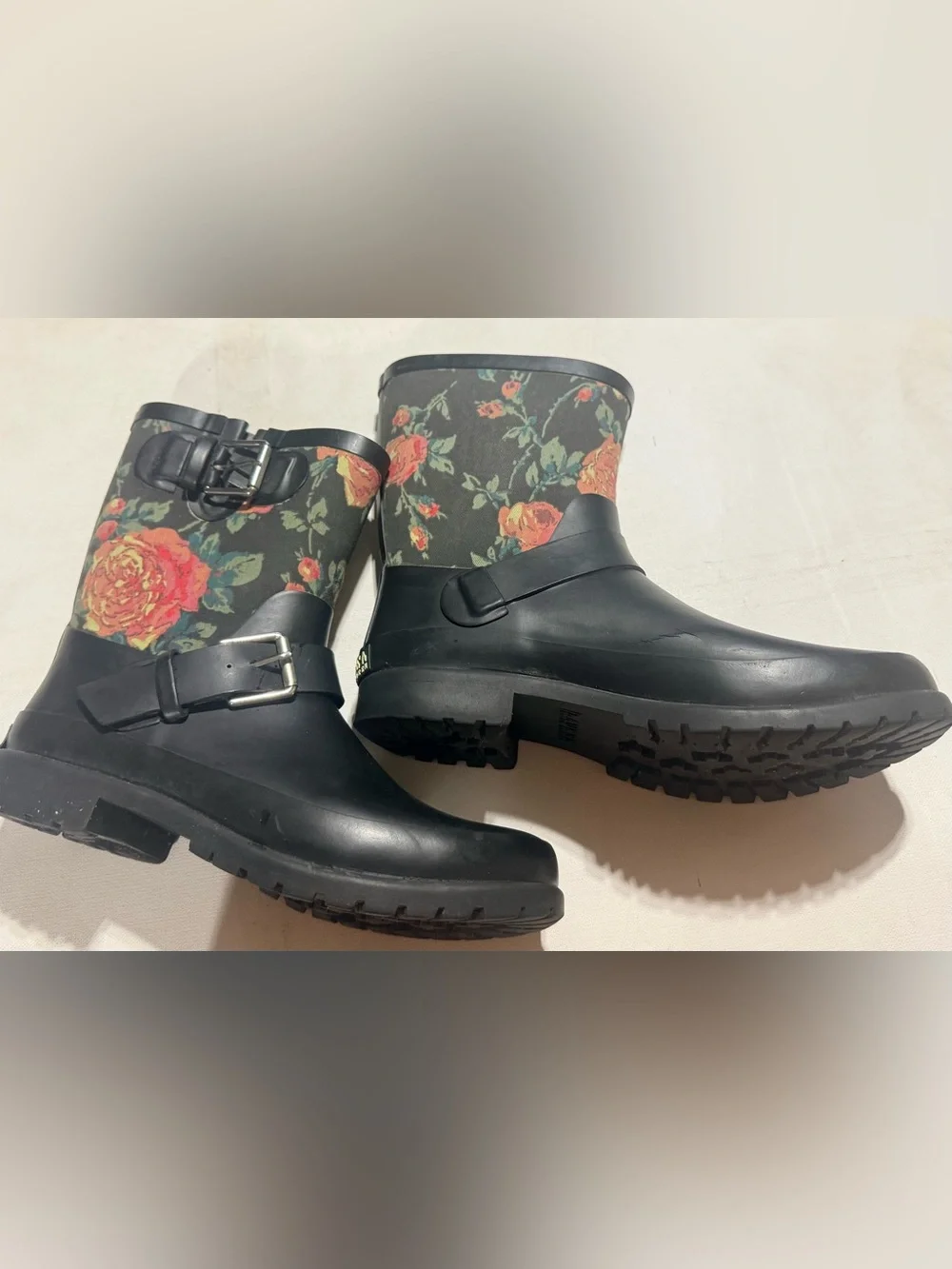 Lauren Ralph Lauren Black Rain Boots with Floral Print Shaft and Buckle Detail